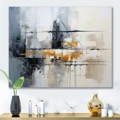 an abstract painting hangs on the wall above a console table with vases and candles