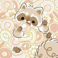 a drawing of a racoon surrounded by donuts and doughnuts with the words yeccat on it