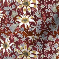 a red background with white and yellow flowers on it's sides, all over