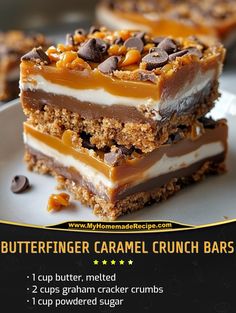 three pieces of peanut butter and caramel crunch bars stacked on top of each other