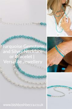 Beautiful turquoise and silver jewellery by Bish Bosh Becca wear as a necklace or bracelet Double Bracelet, Beautiful Beaded Jewelry, Precious Gemstones Jewelry, Versatile Jewelry