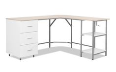 an office desk with two drawers and a shelf on the bottom, against a white background