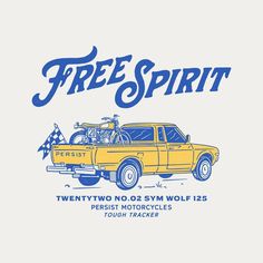 a yellow truck with a bike on the back and words free spirit written in blue