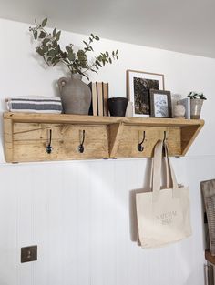 two wooden shelves with hooks holding books and plants