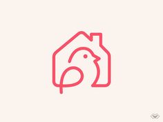 a bird is sitting in the corner of a house with a red outline on it