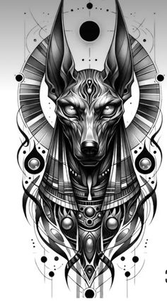 an artistic tattoo design with a wolf's head in the center and other symbols around it