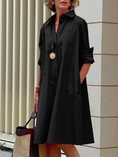 Simple Long Sleeves Solid Color Lapel Midi Dress Dress Office, Dress Work, Dress Sleeve Length, Collared Shirt Dress, Office Dress, Autumn Dress, Long Sleeve Print Dress, Vestidos Vintage, Shirt Dress Casual