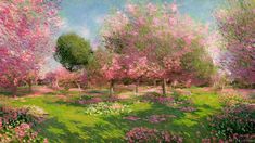 an oil painting of trees and flowers in bloom