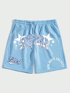 Blue Casual Collar  Fabric Letter Track Shorts Embellished Slight Stretch  Men Clothing Swag Hats, Drawstring Waist Shorts, Fabric Letters, Clothing Patches, Track Shorts, Men Street, Printed Drawstring, Designer Shorts, Basketball Shorts