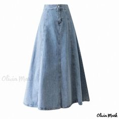 Olivia Mark - High-Waisted Denim Midi Skirt with Flared Hem Jean Skirts Long, Blue Jean Skirts, Summer Denim Skirt, Black Denim Skirt Outfit, Long Jeans Skirt, Long Skirt Jeans, Maxi Jean Skirt, Skirts Flowy, Long Jean Skirt