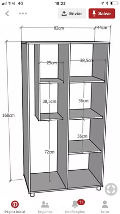 the measurements for an open bookcase with shelves on each side and bottom shelf below