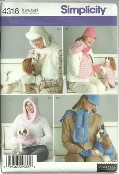 an adult and child's coat, sweaters, and hat in two sizes