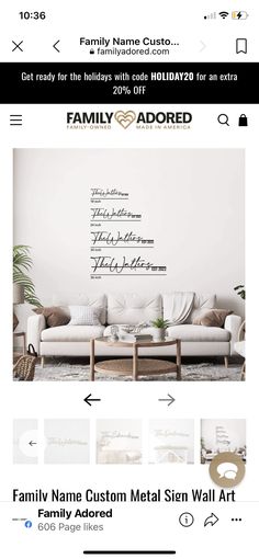 the family name metal sign wall art is displayed on an iphone screen, next to a couch and coffee table