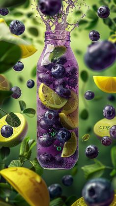 a glass jar filled with blueberries and lemons