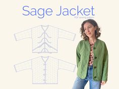 a woman standing in front of a white background with the words sage jacket on it