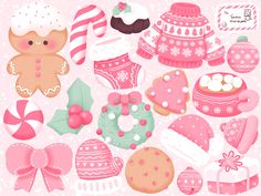 a collection of pink and white christmas items on a pink background with snowflakes, candy canes, hats, mittens