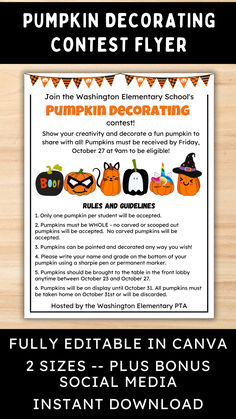 the pumpkin decorating contest flyer is displayed on a wooden table with text that reads,