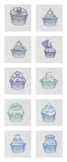 six different cupcakes are drawn in blue ink