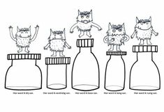 three cats are standing on top of bottles with one cat in the middle and another cat sitting