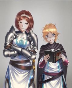 two women dressed in armor standing next to each other with arms crossed and looking at an open book