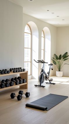 there is a gym with exercise equipment in the room and an exercise mat on the floor