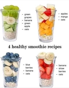 four healthy smoothie cups with different fruits and vegetables in them, labeled on each side