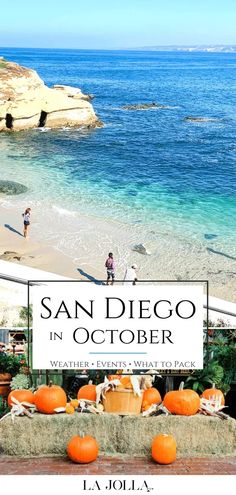 an advertisement for the san diego in october event with pumpkins and people on the beach