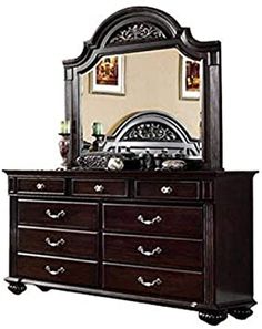 a dresser with a mirror on top of it and drawers in front of the dresser