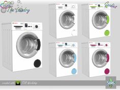 four washing machines with different colors and designs on the front, side, and back