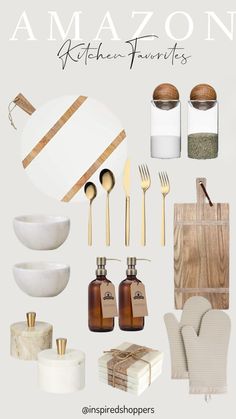 an assortment of kitchen items with the words amazonn written on it and gold accents