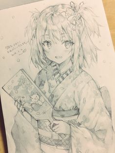 a pencil drawing of a girl holding a book