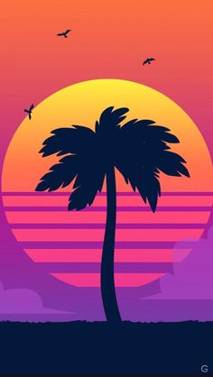 the silhouette of a palm tree in front of an orange and pink sunset with a bird flying over it