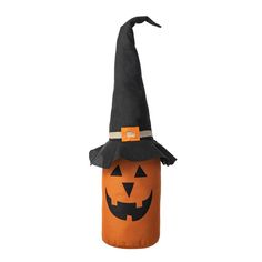 an orange and black pumpkin shaped bottle with a witch hat on it's head