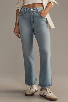 Denim, decoded: This fall, we’re digging denim in every corner of our closet, featuring a cropped bootcut style, gap-proof waistband, and an ultimate sculpting fit. | Legs Mid-Rise Cropped Mini Boot Jeans by Good American in Blue, Women's, Size: 12, Polyester/Tencel/Ecovero at Anthropologie Denim Blue Straight Fit Cropped Flare Jeans, Boot Jeans, Good American, Jeans And Boots, Mid Rise, Gap, Anthropologie, Top Brands, Size 12