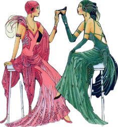 two women in evening dresses sitting on stools, one wearing a pink dress and the other green