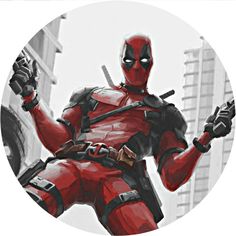 the deadpool character is holding his hands up