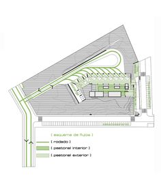 an architectural drawing of a building with green lines on the roof and stairs leading up to it