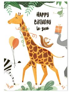 a giraffe, zebra and other animals are in the jungle with happy birthday to you