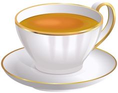 a cup of tea on a saucer with gold trim around the edge and an orange liquid in it