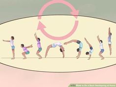 a group of people doing yoga poses in front of a pink circle with the words wiki how to do a back handspring at home