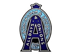 a blue and white enamel badge with the words aldidays on london in it