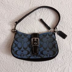 Coach Signature Mini Shoulder Bag Style 6362 In Nearly Perfect, Excellent Condition. Last Photo Shows Tiny Mark On The Bottom Of The Bag. Really Cute Little Shoulder Bag To Fit Phone And Essentials In Unique Dark Blue Color. I’ve Had This Bag Since Middle School And I Am A Peak Millennial - So It’s Truly Vintage! It’s Been Sitting Unused For All Those Years And It’s Time For It Find A New Home. Includes Original Dust Bag And Care Cards. Measurements: 8 X 4 X 2 Inches Handle = 14 Inches Total, Fi Coach Blue Bag, Vintage Coach Shoulder Bag, Coach Bag Vintage, Mini Coach Bag, Dark Blue Accessories, Dark Blue Handbag, Bag To School, Trendy Shoulder Bags, Coach Vintage Bag