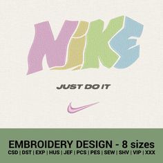 the nike just do it logo is displayed on a white background with green and purple colors