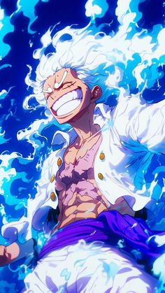 an anime character with white hair and blue eyes is in the water, surrounded by waves