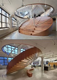 there are two views of a spiral staircase in this office building, and the second is an open floor plan with lots of windows