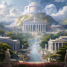 an artistic painting of the acrobatic architecture of ancient greek temples and gardens