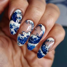 Hokusai Wave inspired The Great Wave Nails, Japan Themed Nails, Graphic Nail Designs, Japan Inspired Nails, Greece Inspired Nails, Japan Nails, Japan Nail Art, Japan Nail, Wave Nails