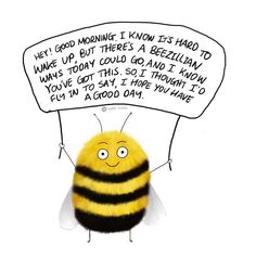 a drawing of a yellow and black bee with a speech bubble above it's head