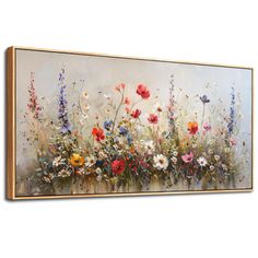 an oil painting on canvas of colorful flowers in a field with white and red colors