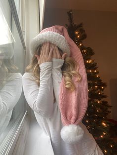 Stocking Style Santa Hat.  One Size Fits Most.  Stretches to fit.  All measurements are approximate since they're handmade. Model is 5ft tall. Pink Santa Hat, Pink Santa, Stocking Hat, Santa Hat, Caps Hats, Accessories Hats, Winter Hats, Stockings, Holidays